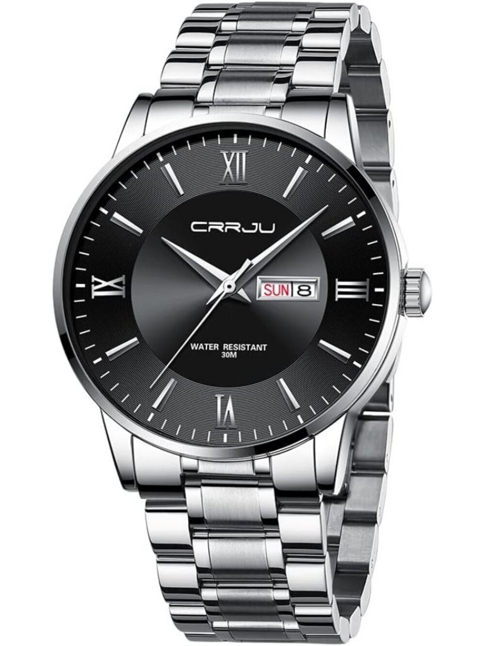 Men's Silver Black Luxury Stainless Steel Chronograph Analog Quartz Round Watch